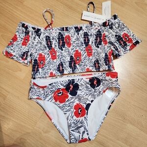 NWT Janie and Jack 2 piece smocked swim set. Red white blue floral. Kids size 14